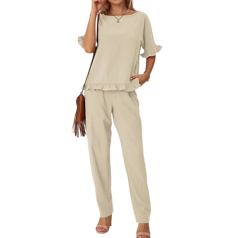 Suvimuga Khaki Ruffle-Accent Boatneck Top & Pants Size XL